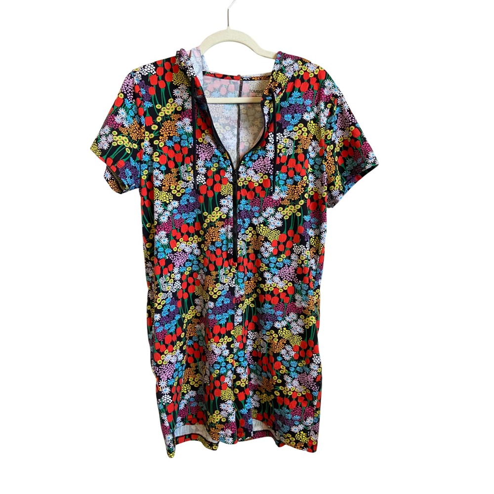 TomboyX Wildflower Floral Hooded Romper Short Sleeve Half Zip Black Multi S